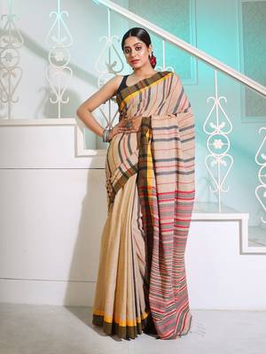 Beige Cotton Handspun Handwoven Saree With Stripes Pattern 1