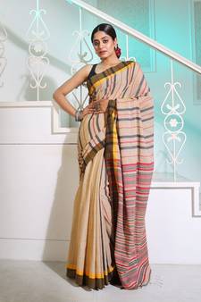 Beige Cotton Handspun Handwoven Saree With Stripes Pattern