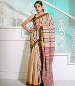 Beige Cotton Handspun Handwoven Saree With Stripes Pattern