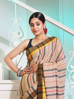 Beige Cotton Handspun Handwoven Saree With Stripes Pattern 2