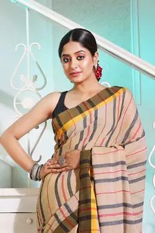 Beige Cotton Handspun Handwoven Saree With Stripes Pattern