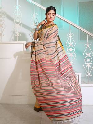 Beige Cotton Handspun Handwoven Saree With Stripes Pattern 3