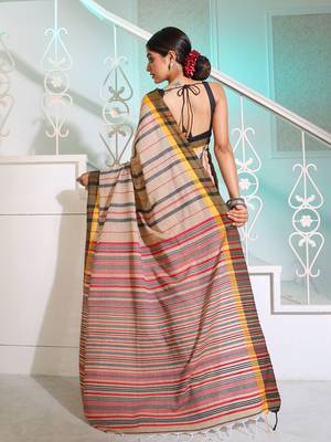 Beige Cotton Handspun Handwoven Saree With Stripes Pattern 4