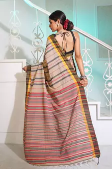 Beige Cotton Handspun Handwoven Saree With Stripes Pattern