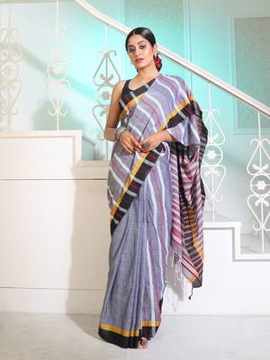 Grey Cotton Handspun Handwoven Saree With Stripes Pattern 1