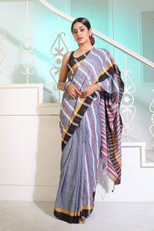 Grey Cotton Handspun Handwoven Saree With Stripes Pattern