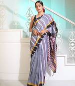 Grey Cotton Handspun Handwoven Saree With Stripes Pattern