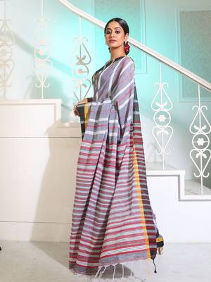 Grey Cotton Handspun Handwoven Saree With Stripes Pattern 3
