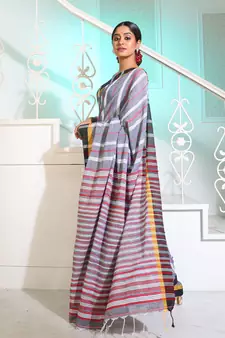 Grey Cotton Handspun Handwoven Saree With Stripes Pattern