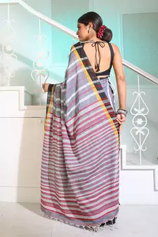 Grey Cotton Handspun Handwoven Saree With Stripes Pattern
