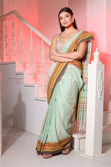 Tea Green Cotton Handspun Handwoven Saree With Stripes Pattern