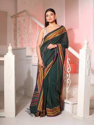 Forest Green Cotton Handspun Handwoven Saree With Stripes Pattern 1