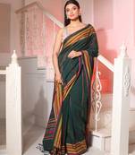 Forest Green Cotton Handspun Handwoven Saree With Stripes Pattern