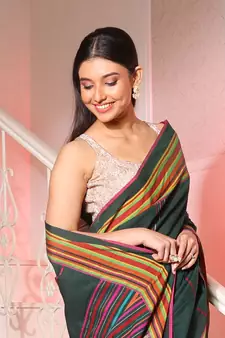 Forest Green Cotton Handspun Handwoven Saree With Stripes Pattern