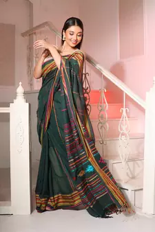 Forest Green Cotton Handspun Handwoven Saree With Stripes Pattern