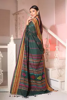 Forest Green Cotton Handspun Handwoven Saree With Stripes Pattern