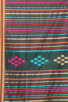 Forest Green Cotton Handspun Handwoven Saree With Stripes Pattern