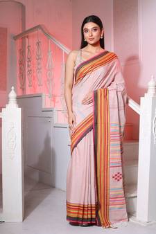 Light Pink Cotton Handspun Handwoven Saree With Stripes Pattern