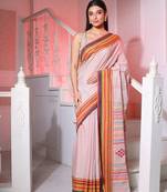 Light Pink Cotton Handspun Handwoven Saree With Stripes Pattern