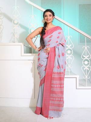 Grey Cotton Handspun Soft Saree With Paisley Pallu 1