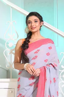 Grey Cotton Handspun Soft Saree With Paisley Pallu