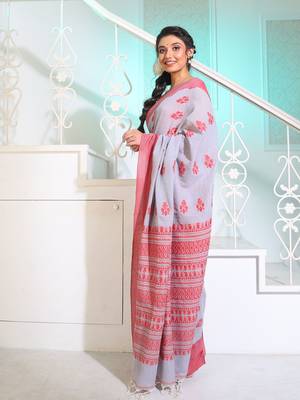 Grey Cotton Handspun Soft Saree With Paisley Pallu 3