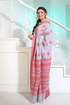 Grey Cotton Handspun Soft Saree With Paisley Pallu