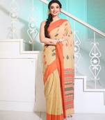 Beige Cotton Handspun Soft Saree With Paisley Pallu