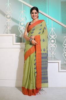 Sap Green Cotton Handspun Soft Saree With Paisley Pallu