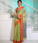 Sap Green Cotton Handspun Soft Saree With Paisley Pallu
