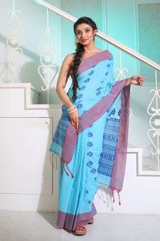 Sky Blue Cotton Handspun Soft Saree With Paisley Pallu