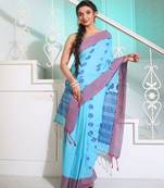 Sky Blue Cotton Handspun Soft Saree With Paisley Pallu