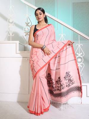 Baby Pink Cotton Handspun Handwoven Saree With Stripes And Nakshi Pattern 1