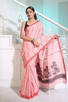 Baby Pink Cotton Handspun Handwoven Saree With Stripes And Nakshi Pattern