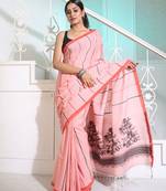 Baby Pink Cotton Handspun Handwoven Saree With Stripes And Nakshi Pattern