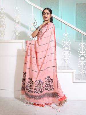 Baby Pink Cotton Handspun Handwoven Saree With Stripes And Nakshi Pattern 3