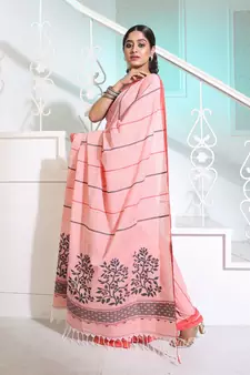 Baby Pink Cotton Handspun Handwoven Saree With Stripes And Nakshi Pattern