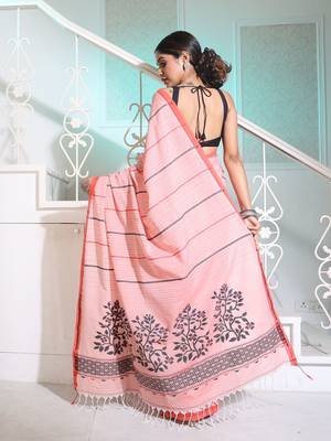 Baby Pink Cotton Handspun Handwoven Saree With Stripes And Nakshi Pattern 4