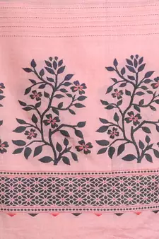Baby Pink Cotton Handspun Handwoven Saree With Stripes And Nakshi Pattern