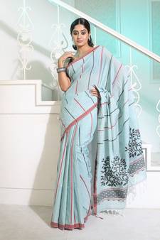 Powder Blue Cotton Handspun Handwoven Saree With Stripes And Nakshi Pattern