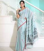 Powder Blue Cotton Handspun Handwoven Saree With Stripes And Nakshi Pattern
