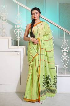 Lime Green Cotton Handspun Handwoven Saree With Stripes And Nakshi Pattern