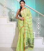 Lime Green Cotton Handspun Handwoven Saree With Stripes And Nakshi Pattern