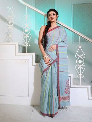 Powder Blue Cotton Handspun Handwoven Saree With Stripes And Nakshi Pattern 1