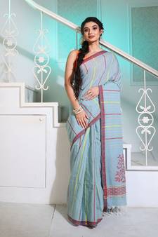 Powder Blue Cotton Handspun Handwoven Saree With Stripes And Nakshi Pattern