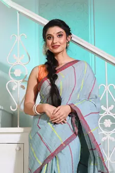 Powder Blue Cotton Handspun Handwoven Saree With Stripes And Nakshi Pattern