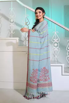 Powder Blue Cotton Handspun Handwoven Saree With Stripes And Nakshi Pattern