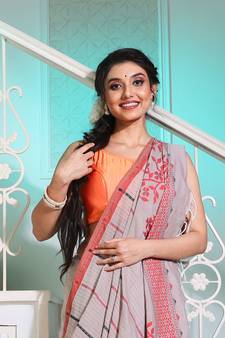 Grey Cotton Handspun Handwoven Saree With Stripes And Nakshi Pattern