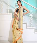 Yellow Cotton Handspun Handwoven Saree With Stripes And Nakshi Pattern