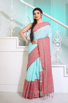 Soft Cyan Cotton Handwoven Saree With Texture Borders And Pallu
